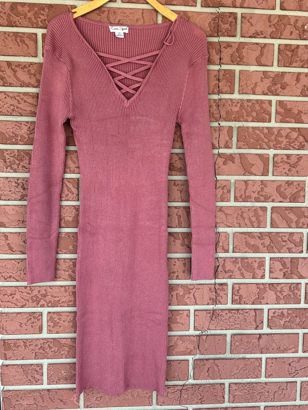 Caren Sport Ribbed Lace-Up V-Neck Midi Dress - Dusty Rose